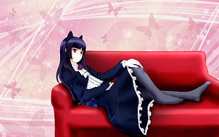 girl anime character sittig on sofa HD wallpaper