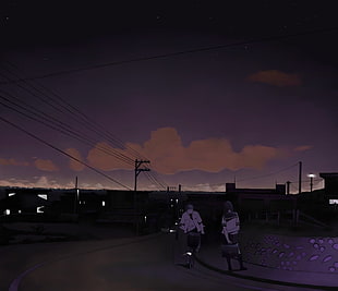 cartoon character, power lines, road, night, students