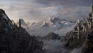 mountain peak during foggy season, digital art, fantasy art, futuristic, futuristic city HD wallpaper