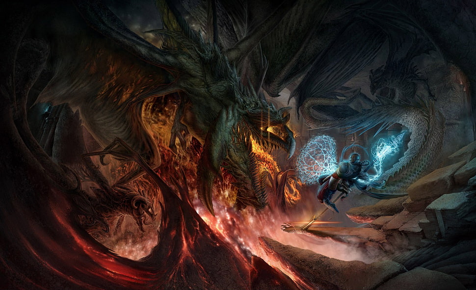 blue dragon and fire dragon digital wallpaper, Diablo, Diablo III, fantasy art, digital art HD wallpaper