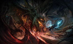 blue dragon and fire dragon digital wallpaper, Diablo, Diablo III, fantasy art, digital art