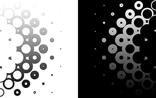two white-and-black illustrations, monochrome, abstract, separate worlds