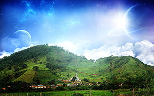 green mountains, nature, planet, digital art, space