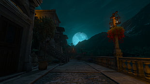 grey concrete building, The Witcher 3: Wild Hunt, Moon, night, video games