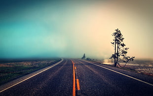 black and brown wooden table, road, mist, landscape HD wallpaper