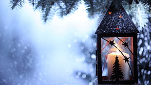 white pillar candle, Christmas, holiday, lantern HD wallpaper