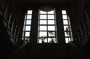 black wooden framed glass window, building, interior, stairs