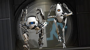 two white robots, Portal 2, Valve Corporation, Aperture Laboratories, video games