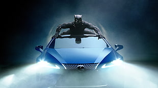 blue Lexus car and Black Panther HD wallpaper