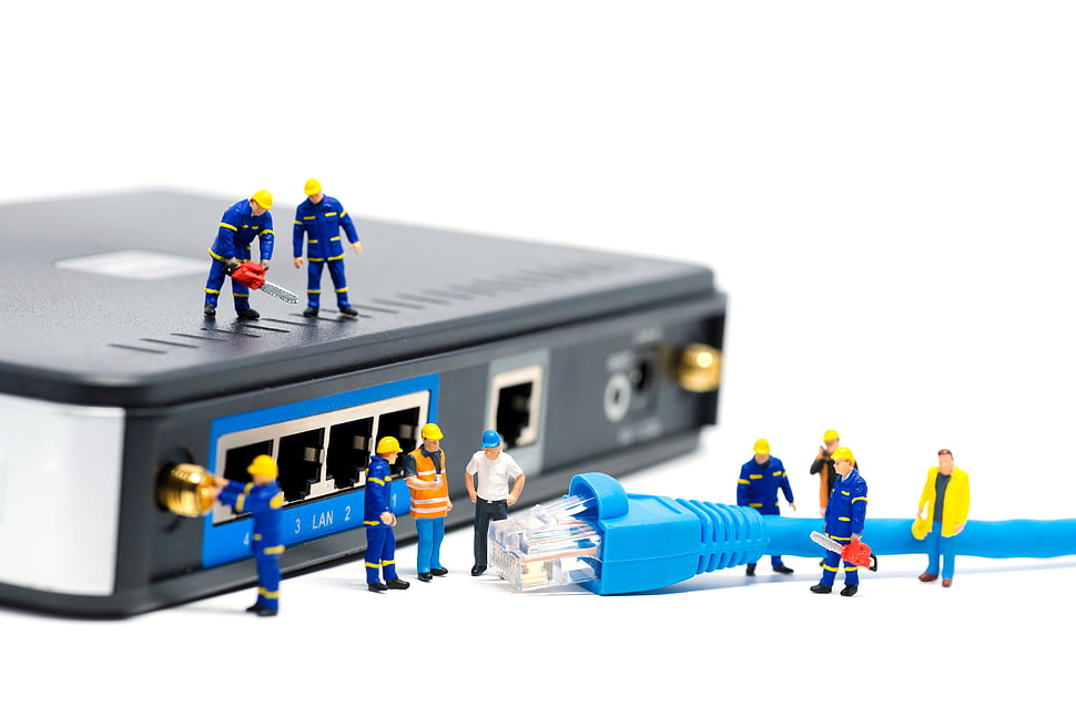 blue RJ45 lan cable, doll, cleaning, miniatures HD wallpaper