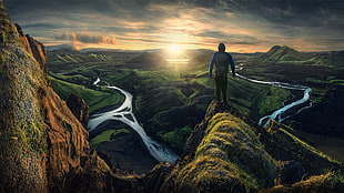 man standing on a cliff illustration, nature, landscape, mountains, clouds