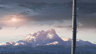 black utility post, 5 Centimeters Per Second, anime, power lines, mountains