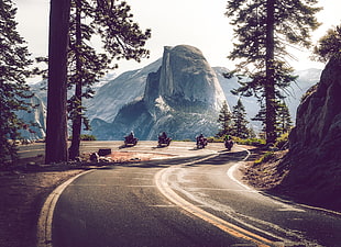 four motorcycles on asphalt road during daytime, photography, road, Yosemite National Park HD wallpaper