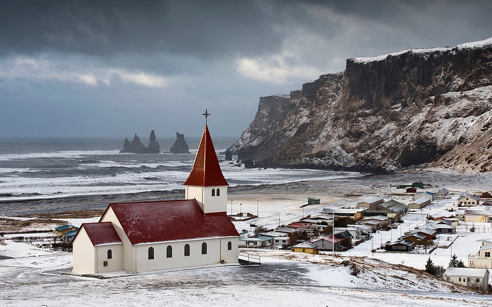 white and red cathedral, landscape, church, cliff, sea HD wallpaper