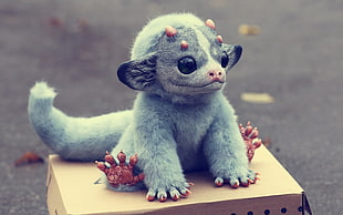 blue fur animal with red paw on brown cardboard box