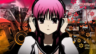 anime girl character with pink hair wearing white and black school uniform holding the black headphone HD wallpaper