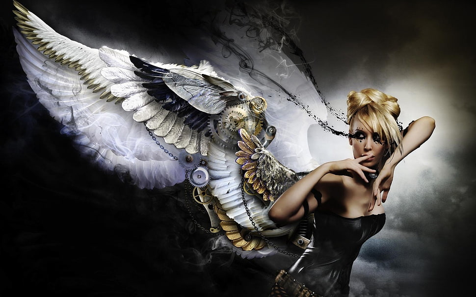 white winged fairy graphic, robotic, wings, steampunk HD wallpaper