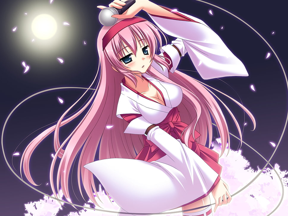 pink long-haired white dress female anime character HD wallpaper