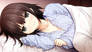 black hair girl character wearing pajama shirt