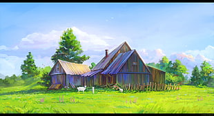 brown wooden house painting, barns, sheep, artwork