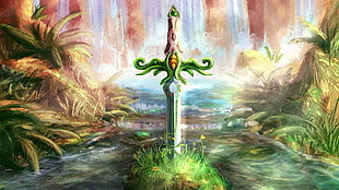sword pierced on plant near plants illustration, video games, plants, sword, mountains