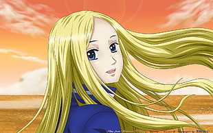 yellow haired female anime character illustration