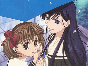 two female with black hair and female with brown hair and red ribbon tied on hair characters