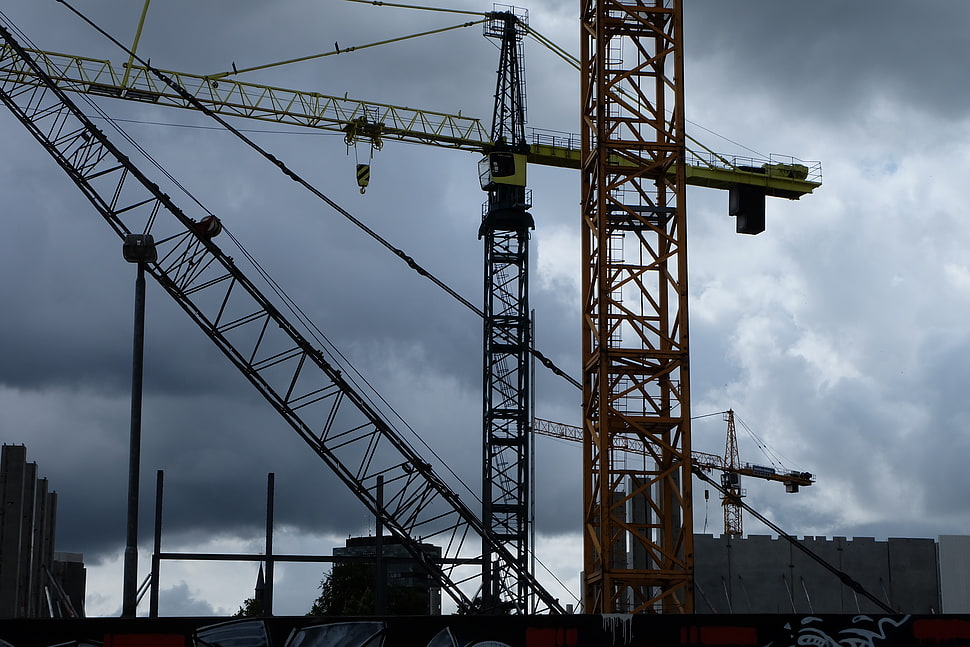 metal tower crane, cranes (machine), clouds HD wallpaper