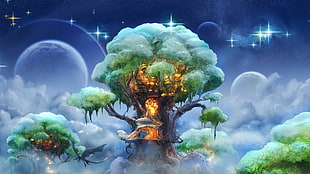 green tree house digital wallpaper, fantasy art, sky, treehouse, trees