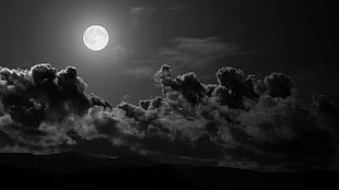 photography of full moon, monochrome, night, Moon, sky