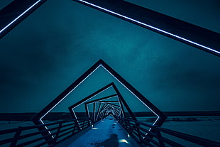 back metal bridge near body of water HD wallpaper