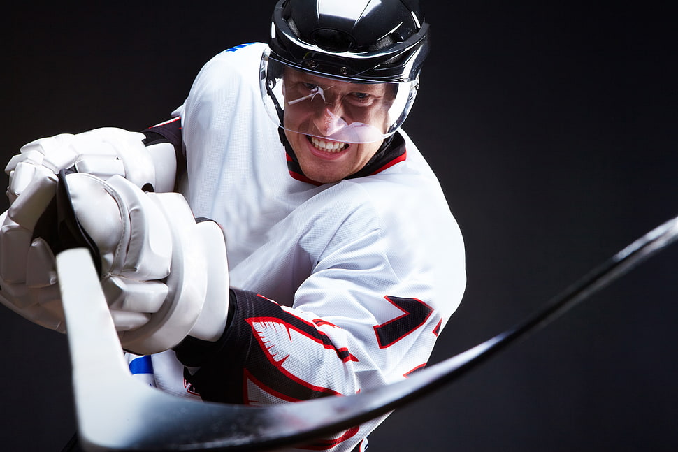ice hockey player in white and black jersey and black helmet HD wallpaper