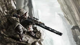 man wearing gray hoodie while holding sniper rifle illustration
