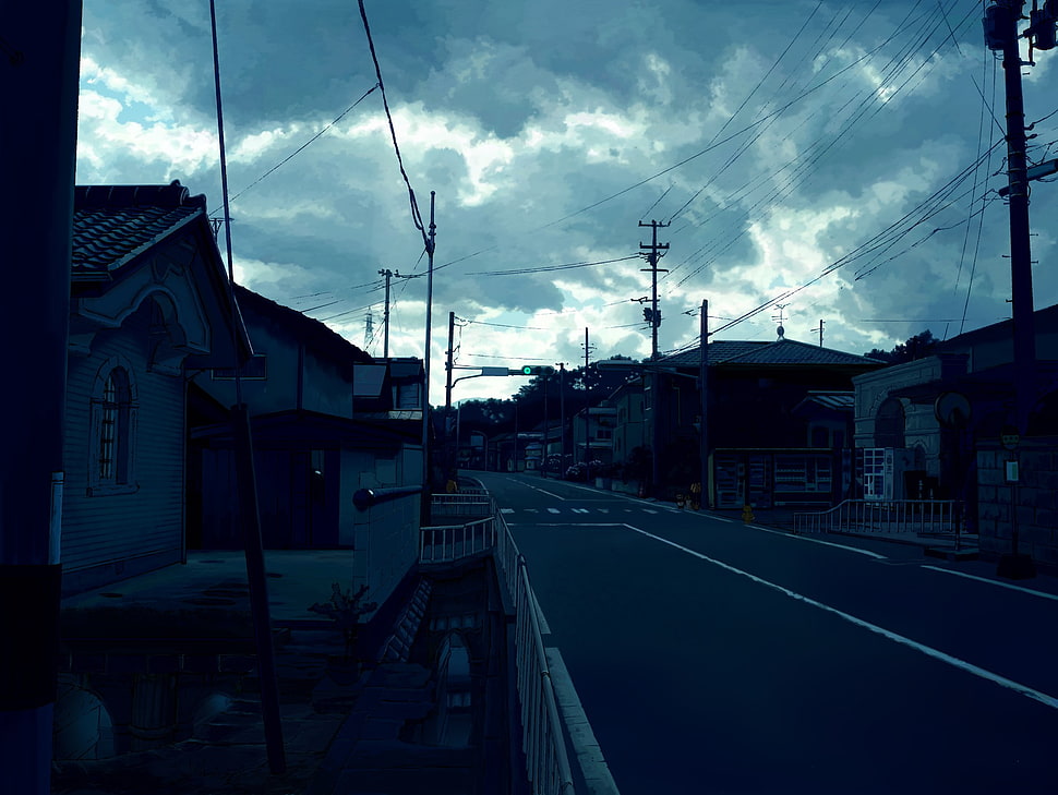 black concrete road, city, anime HD wallpaper