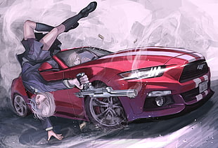 red and white Ford Mustang with white haired anime character