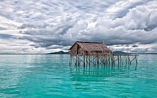 brown wooden hut, hut, piles, clouds, sea