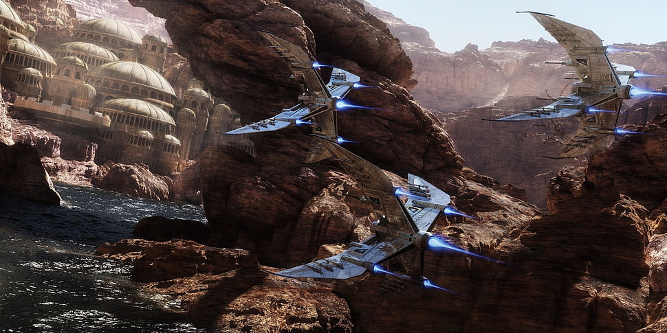 fighter planes surrounded with stone movie still, science fiction, spaceship, futuristic HD wallpaper