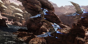 fighter planes surrounded with stone movie still, science fiction, spaceship, futuristic