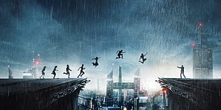people jumping front one building to another digital graphic wallpaper