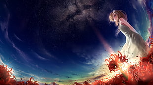 female animated character with brown hair standing on flower field digital wallpaper, artwork, fantasy art, anime girls, field HD wallpaper