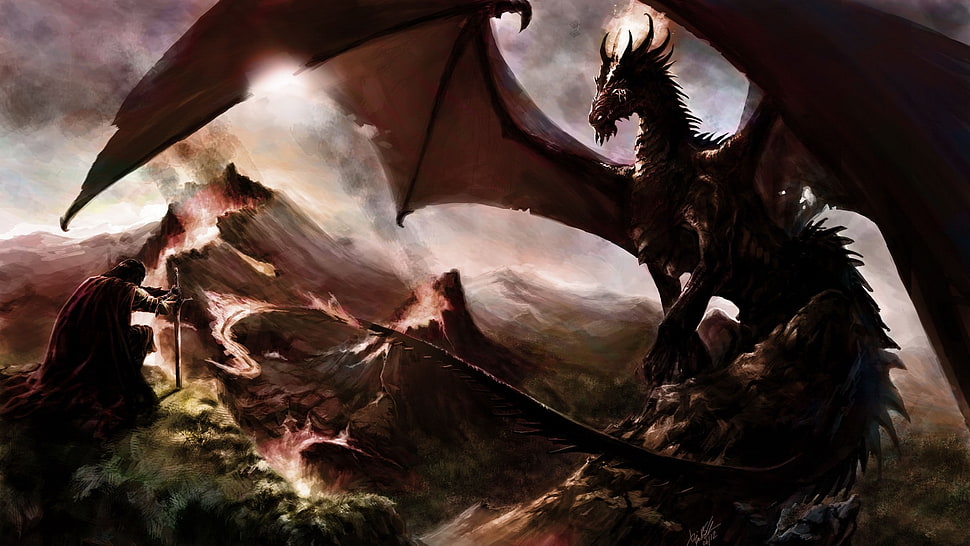 brown dragon wallpaper, dragon, fantasy art, drawing, digital art HD wallpaper