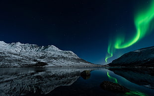 gray mountain, lake, mountains, aurorae, reflection HD wallpaper
