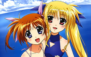 two girl anime character wearing monokini digital wallpaper