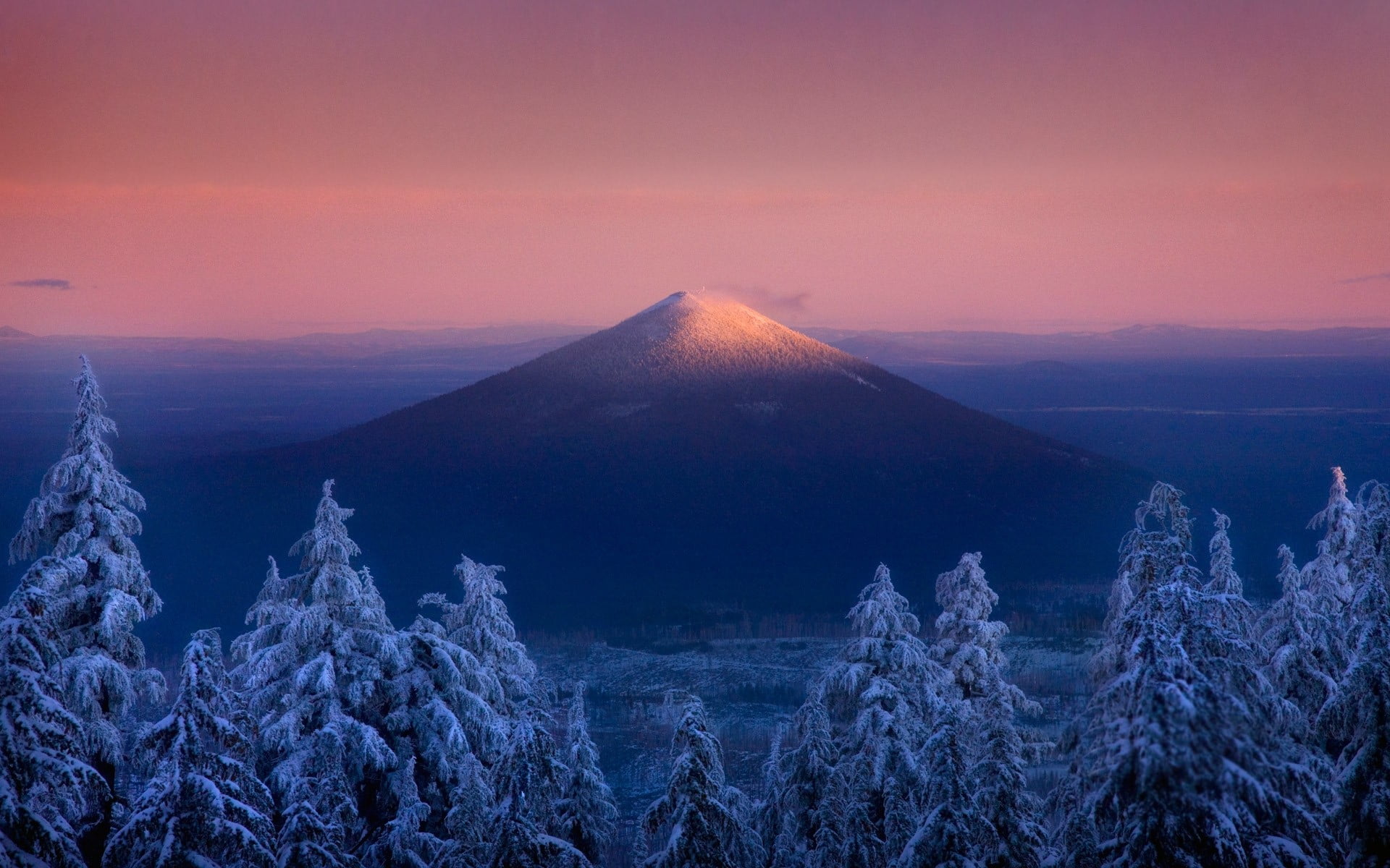 snowy mountain, volcano, Oregon, sunset, forest