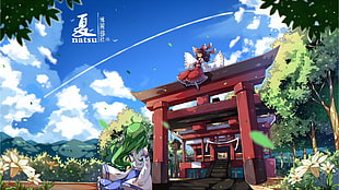 Natsu anime graphic wallpaper, Kochiya Sanae, Hakurei Reimu, clouds, Touhou