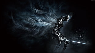 game character holding sword digital wallpaper