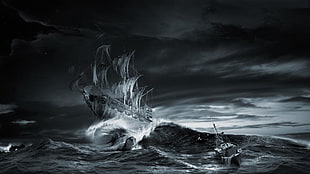 gray sail ship on water wave under cloudy sky