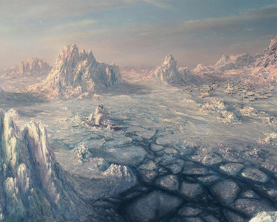 brown mountain illustration, fantasy art, ice, landscape, artwork HD wallpaper