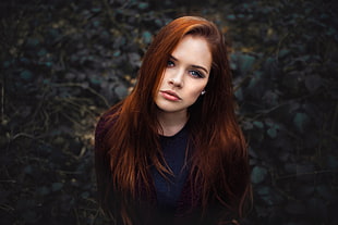 women's black long-sleeved shirt, women, redhead, blue eyes, face