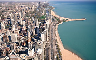 aerial photography of city near the beach HD wallpaper